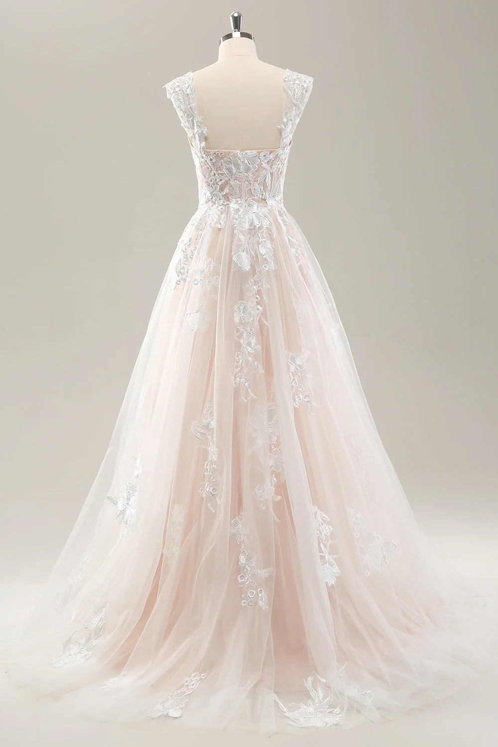 White A Line Off the Shoulder Tulle Wedding Dress with Applique Lace - JUORTHO