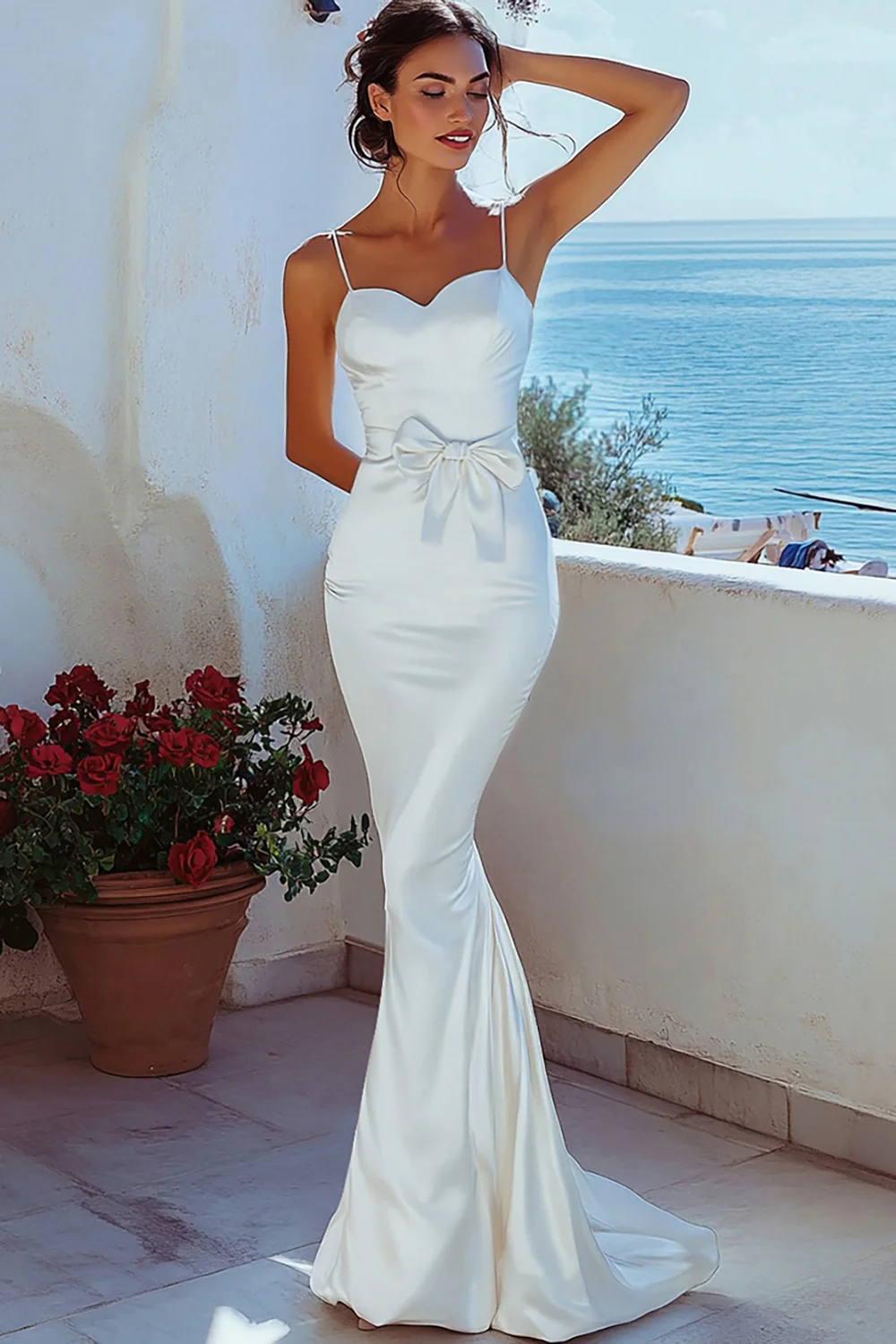 Spaghetti Straps White Satin Long Graduation Dress with Bowknot - JUORTHO