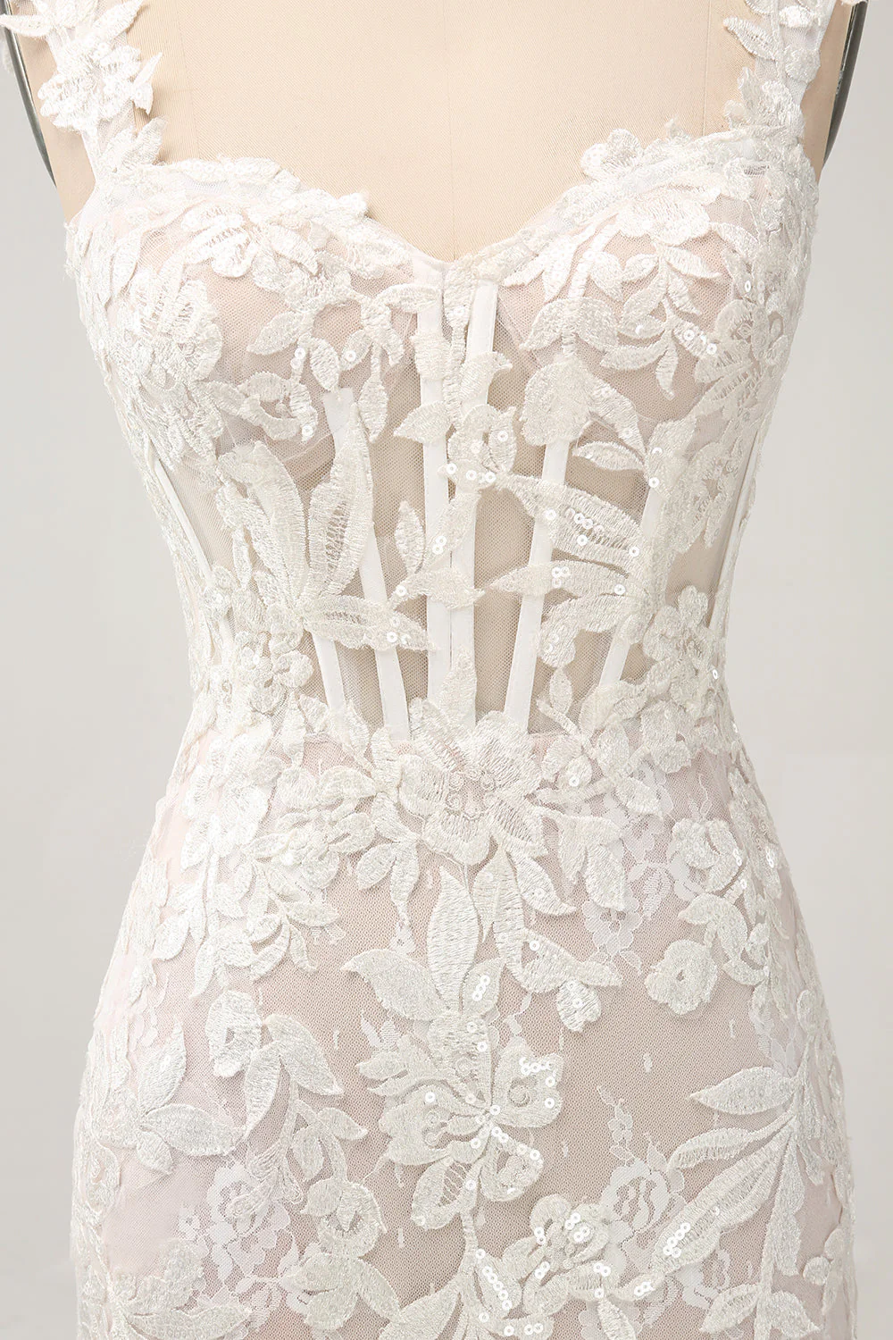 White Mermaid Off the Shoulder Sweep Train Wedding Dress with Applique Lace - JUORTHO