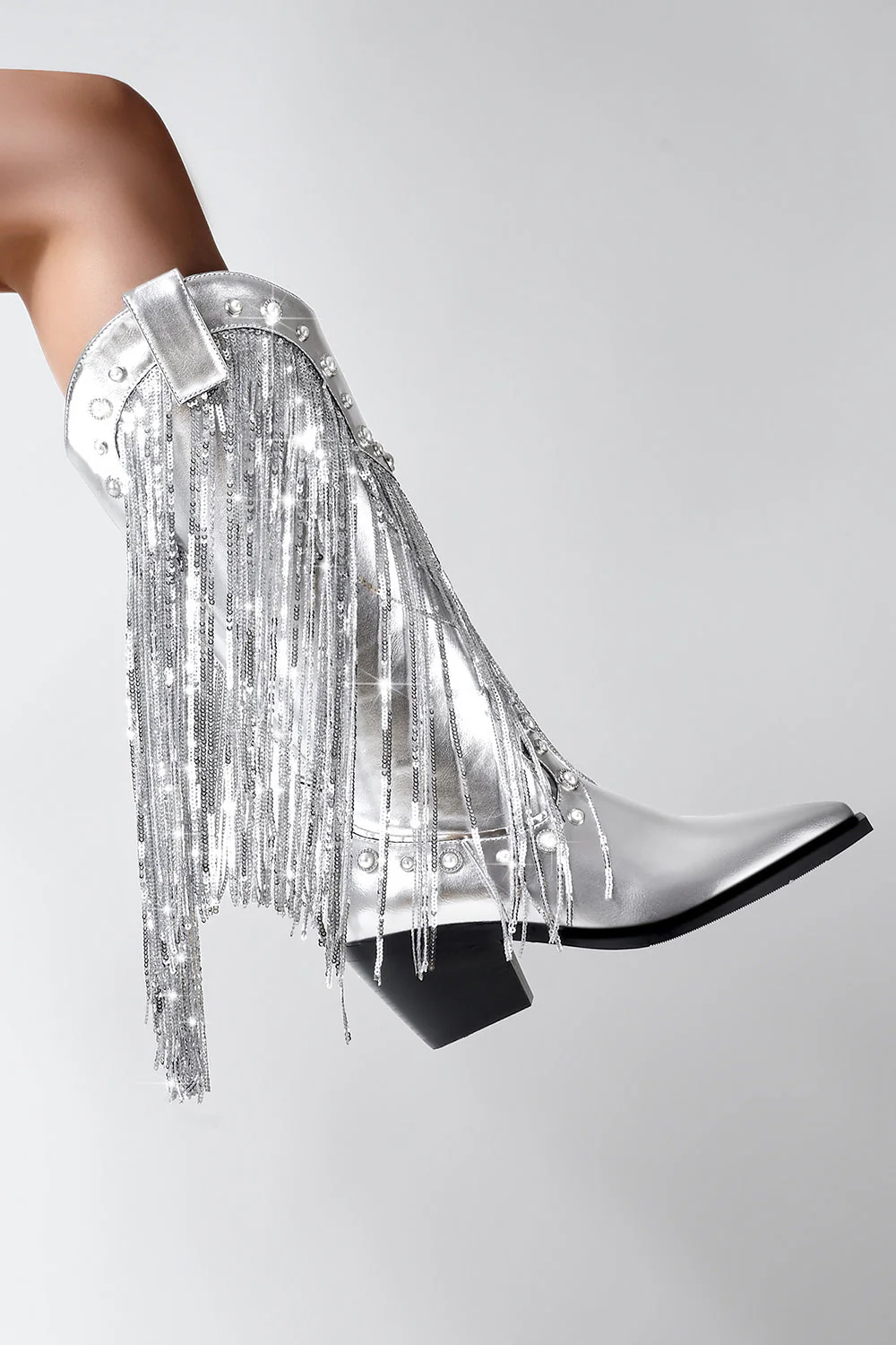 Glitter Silver Metallic Tassel Pointed Toe Cowgirl Boots with Sequins - JUORTHO
