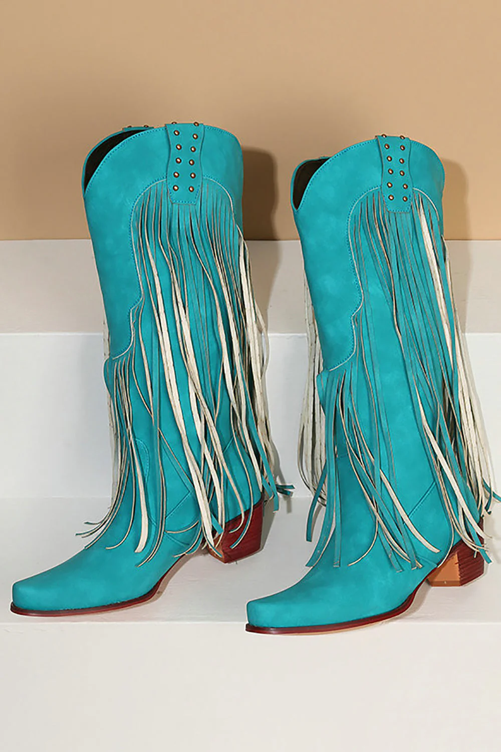 Blue Pointed Toe Wood Grain Thick Heel Boots with Tassel - JUORTHO