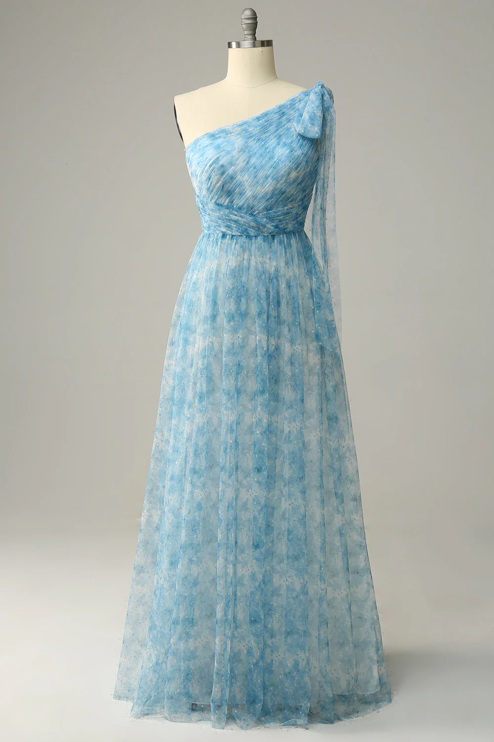 Red A Line One Shoulder Print Long Tulle Bridesmaid Dress - JUORTHO