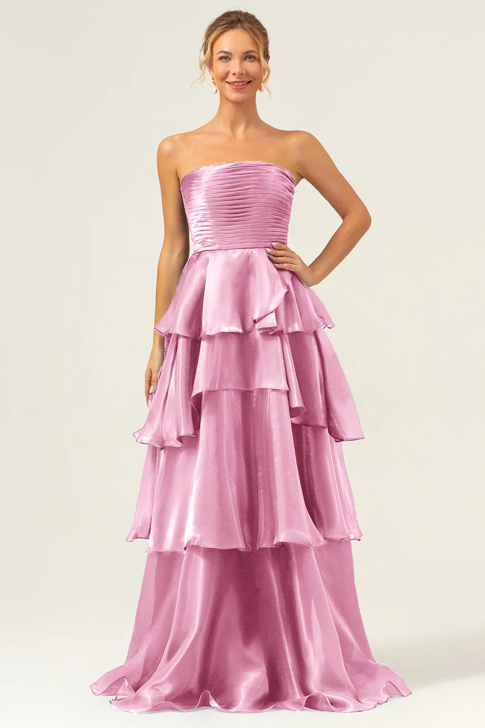 Dark Navy A Line Strapless Tiered Satin Long Bridesmaid Dress - JUORTHO