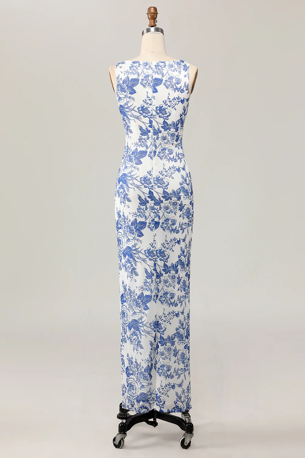 White and Blue Floral Sheath Long Wedding Guest Dress - JUORTHO