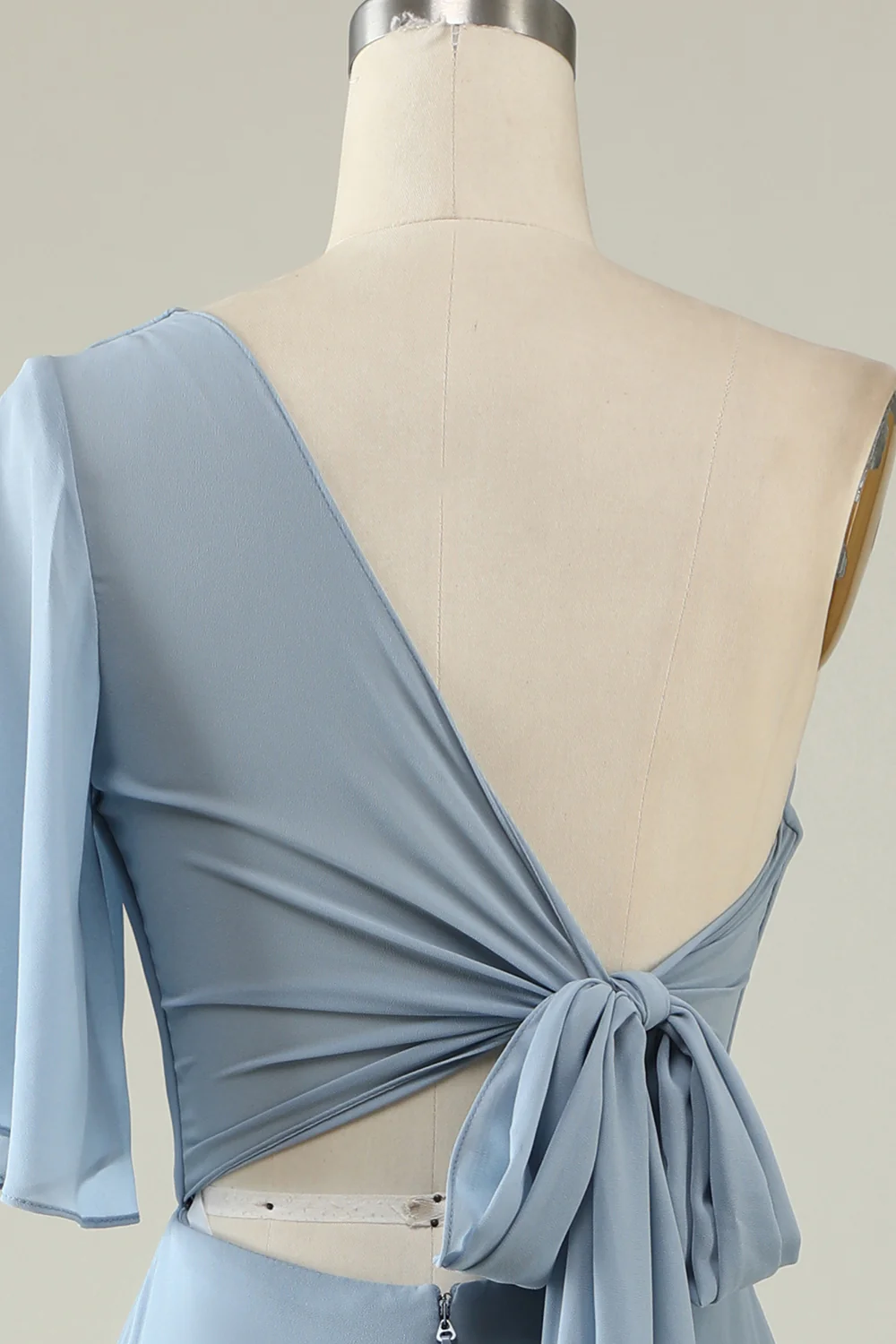 Grey Blue One Shoulder Chiffon Boho Bridesmaid Dress - JUORTHO