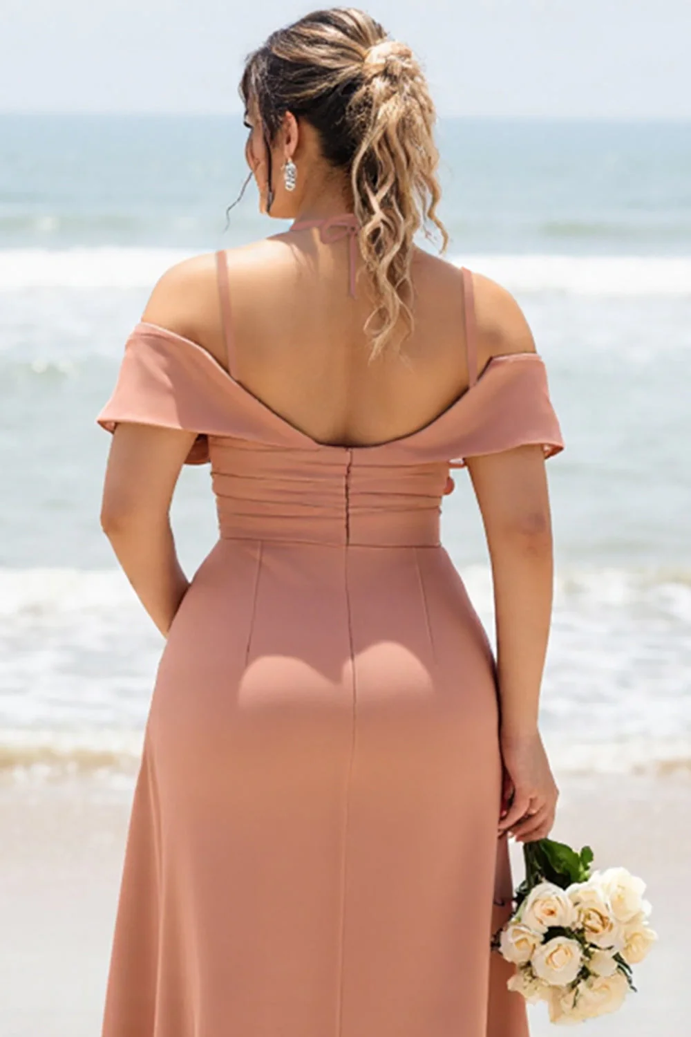 Sunset Sheath Cold Shoulder Long Bridesmaid Dress with Slit - JUORTHO