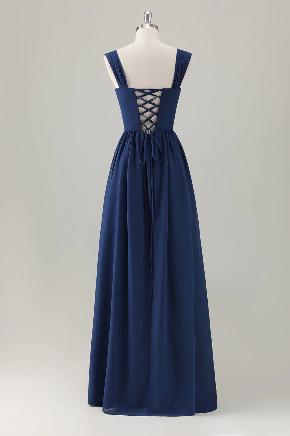 Dark Blue A-Line Square Neck Corset Long Bridesmaid Dress with Lace Up Back - JUORTHO