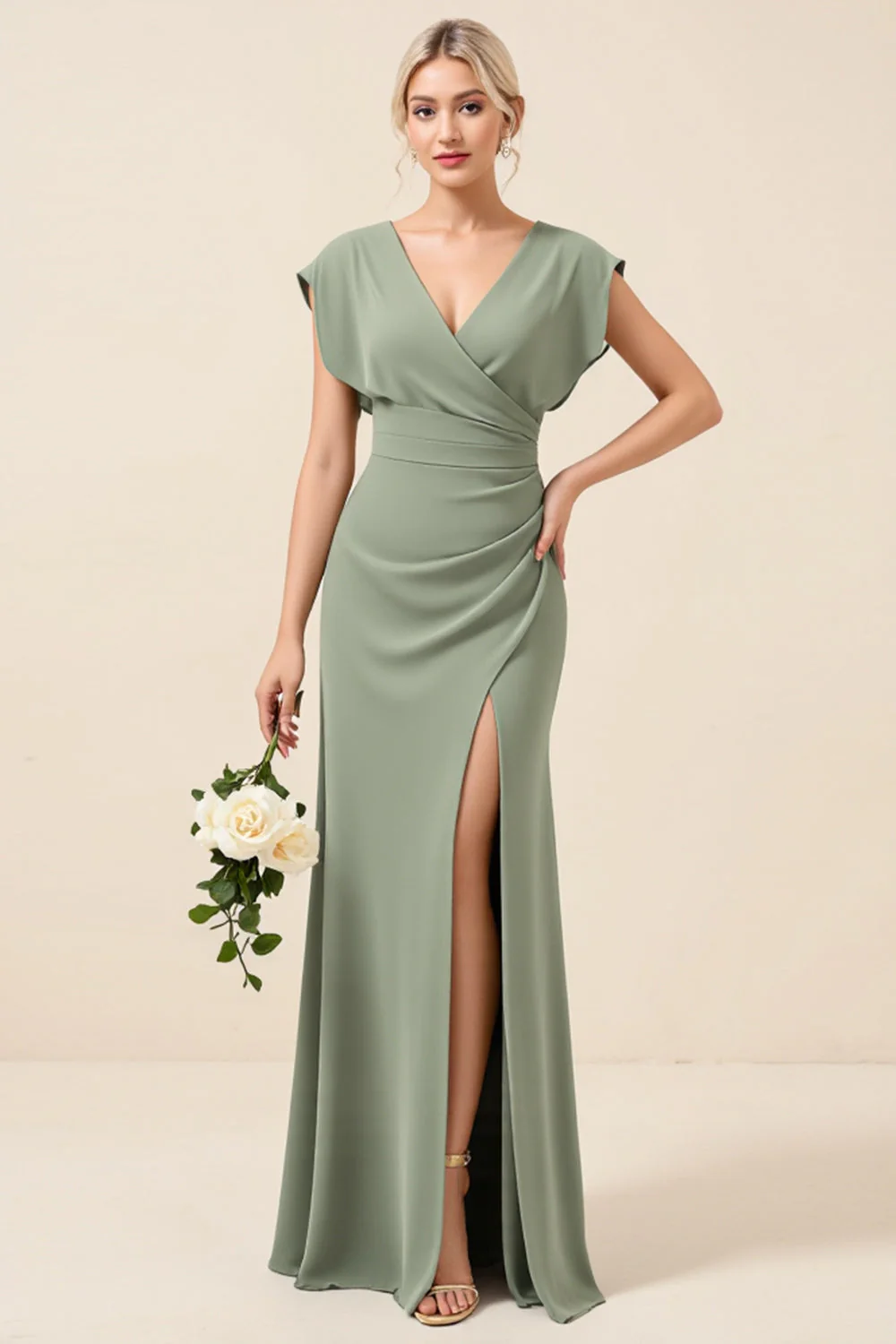 Chiffon Eucalyptus Sheath V-Neck Long Bridesmaid Dress with Slit - JUORTHO