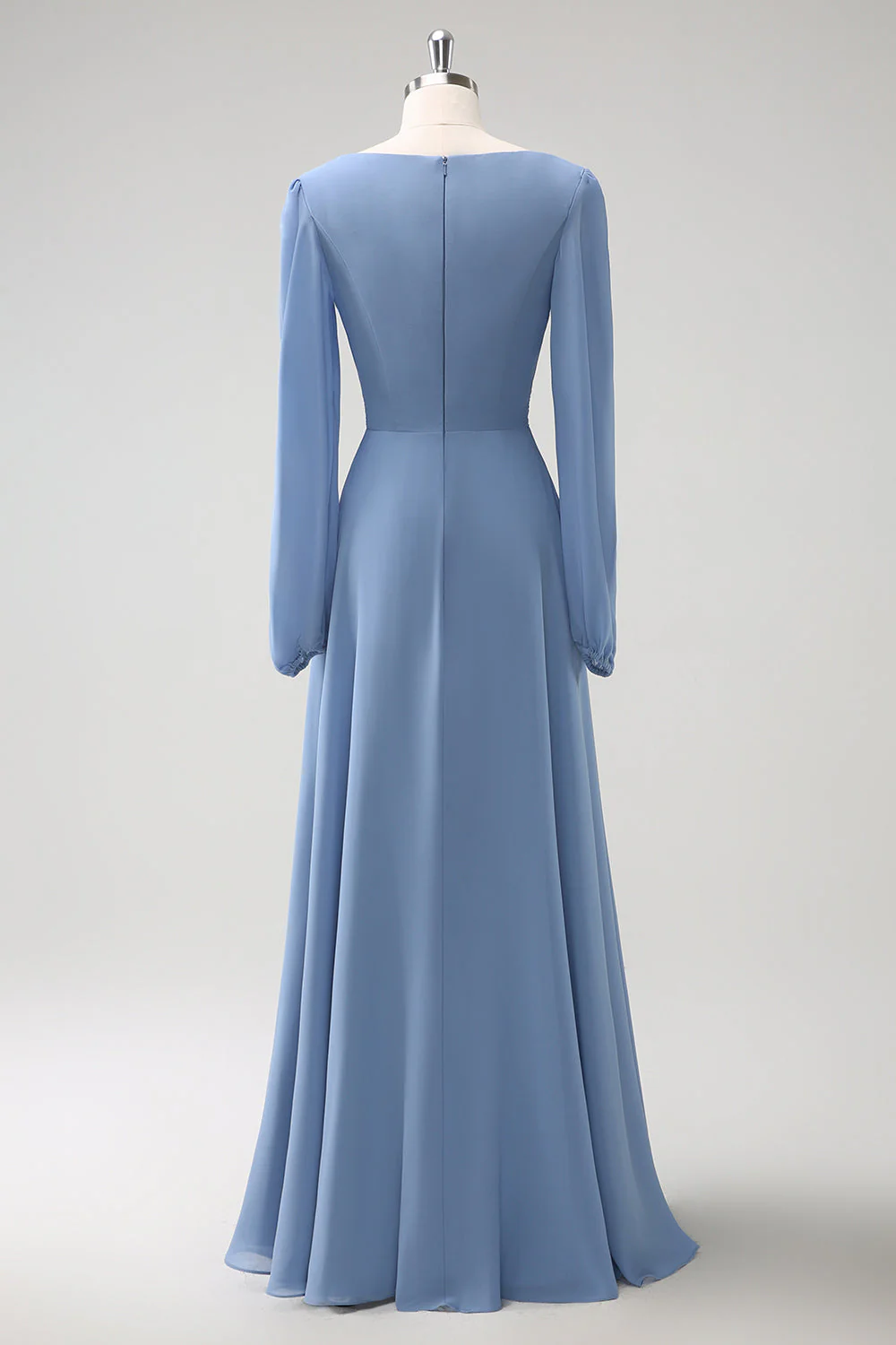 A Line Grey Blue V-Nack Chiffon Bridesmaid Dress with Long Sleeves - JUORTHO