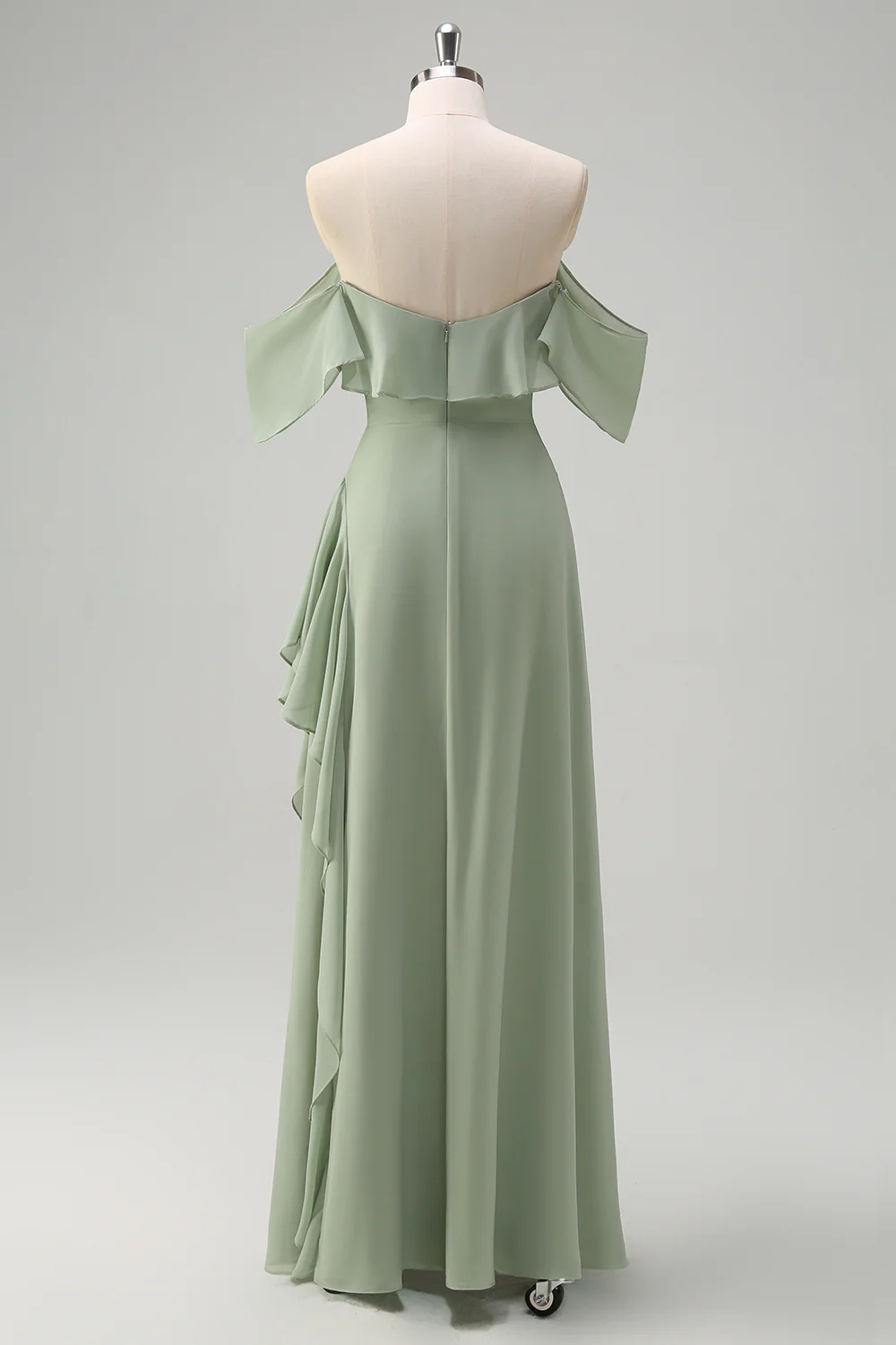 Light Green Off The Shoulder Chiffon Long Bridesmaid Dress - JUORTHO