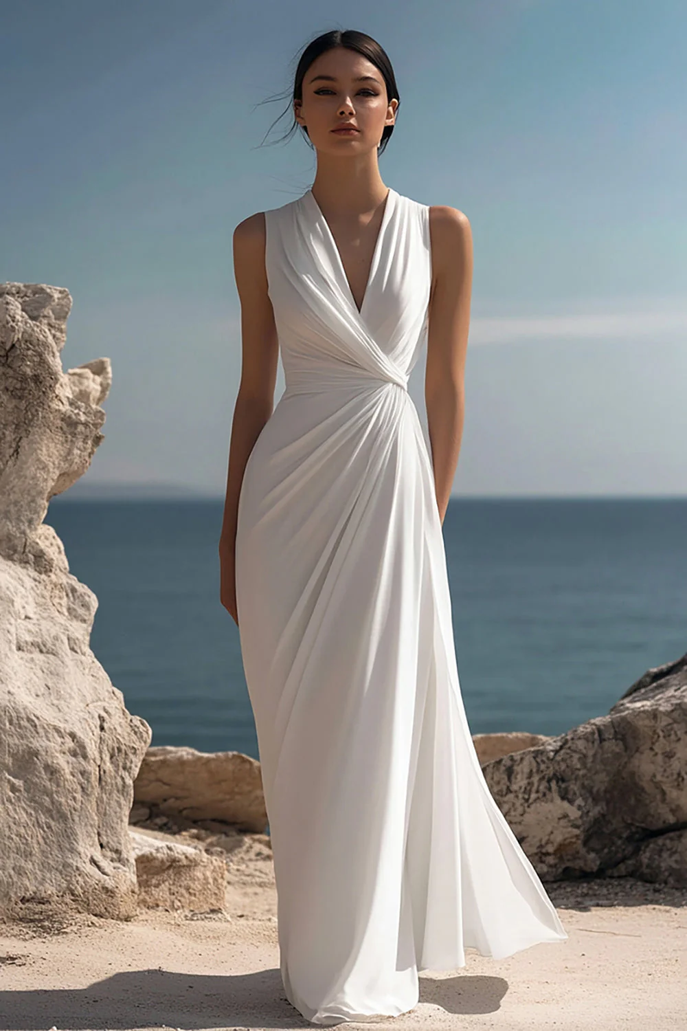 White Chiffon Sheath Sleeveless Long Rehearsal Dinner Dress - JUORTHO