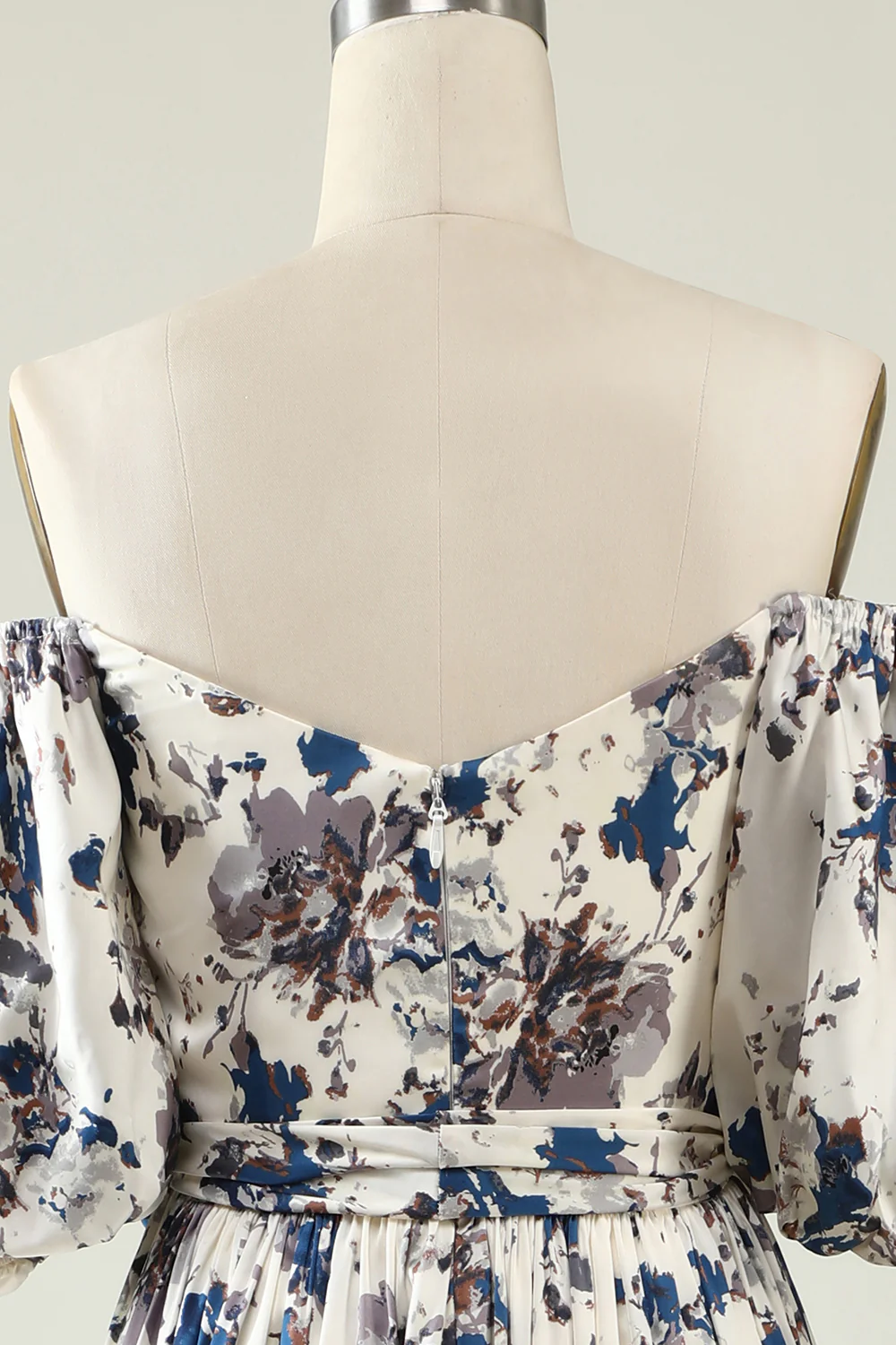 A Line Off the Shoulder White Blue Flower Long Bridesmaid Dress - JUORTHO