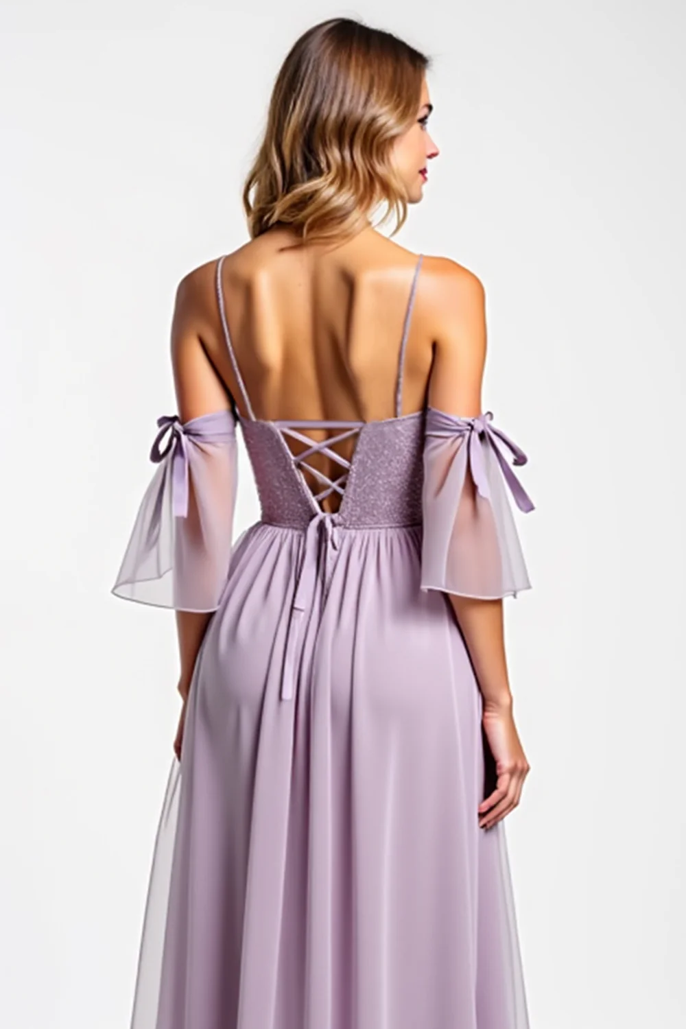 A Line Purple Long V-Neck Chiffon Bridesmaid Dress - JUORTHO