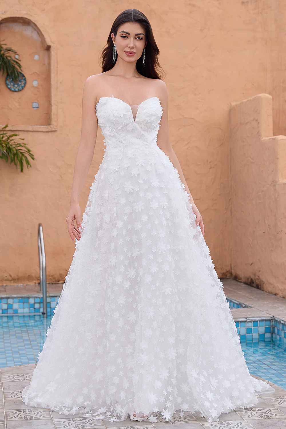 White A Line Strapless Applique Lace Wedding Dress with Detachable Sleeves - JUORTHO