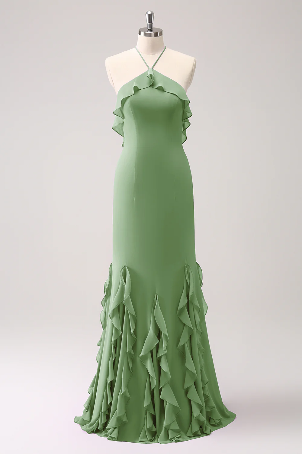 Tahiti Mermaid Halter Chiffon Long Bridesmaid Dress with Ruffles - JUORTHO