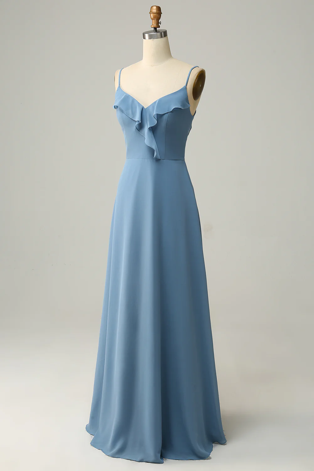 A Line Spaghetti Straps Grey Blue Long Bridesmaid Dress with Ruffles - JUORTHO