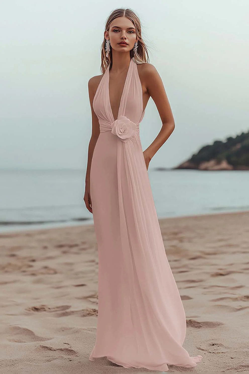 White A Line Deep V-Neck Long Engagement Dress - JUORTHO