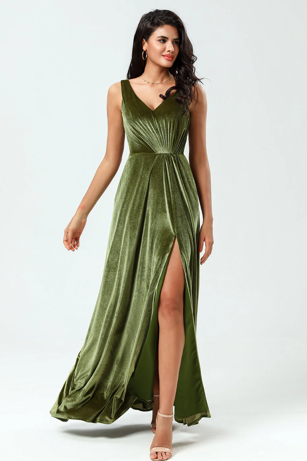 V-Neck Sleeveless A Line Olive Velvet Bridesmaid Dress with Slit - JUORTHO
