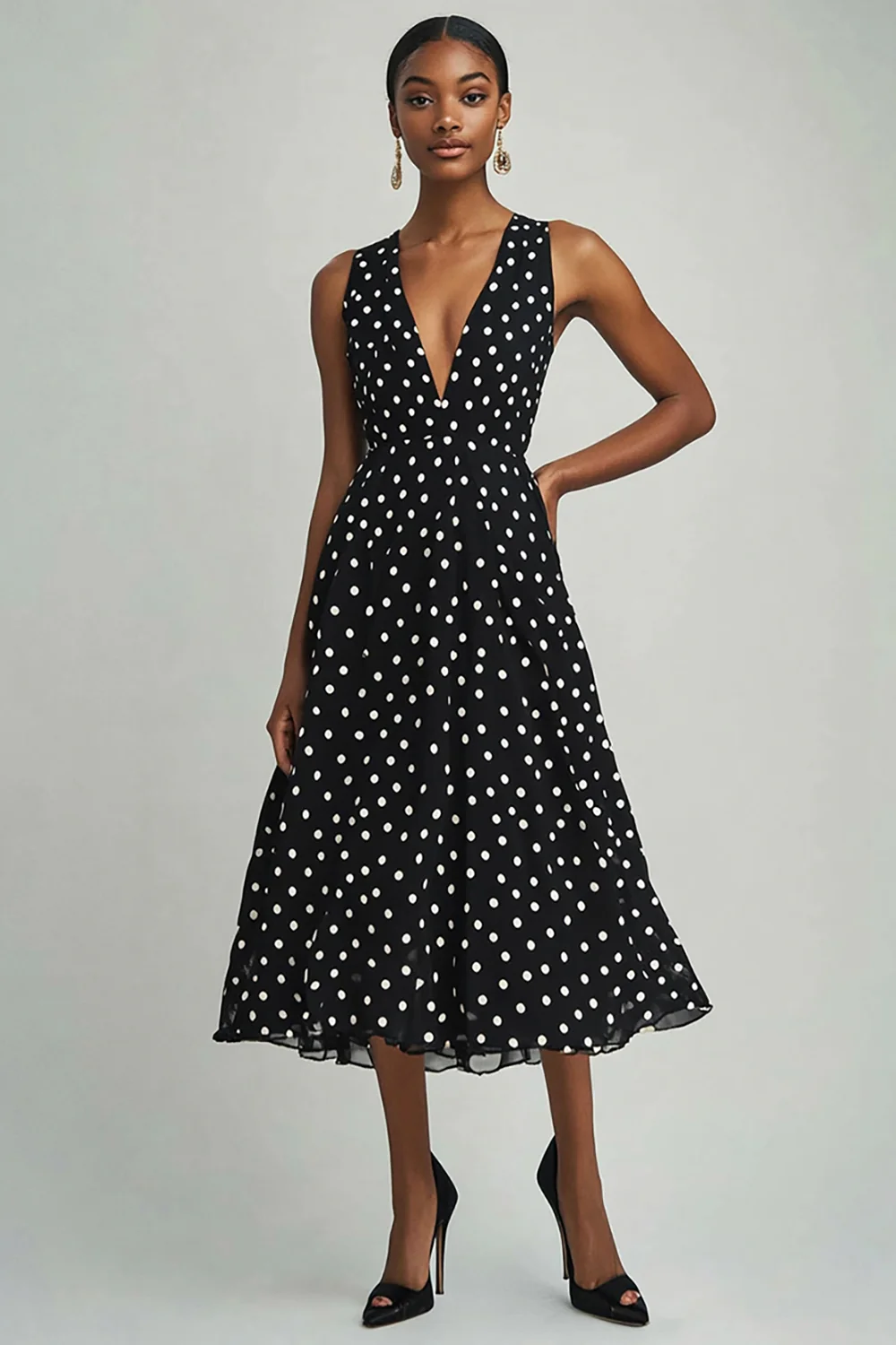 Chiffon Deep V-Neck A Line Black and White Boho Maxi Polka Dot Dress - JUORTHO