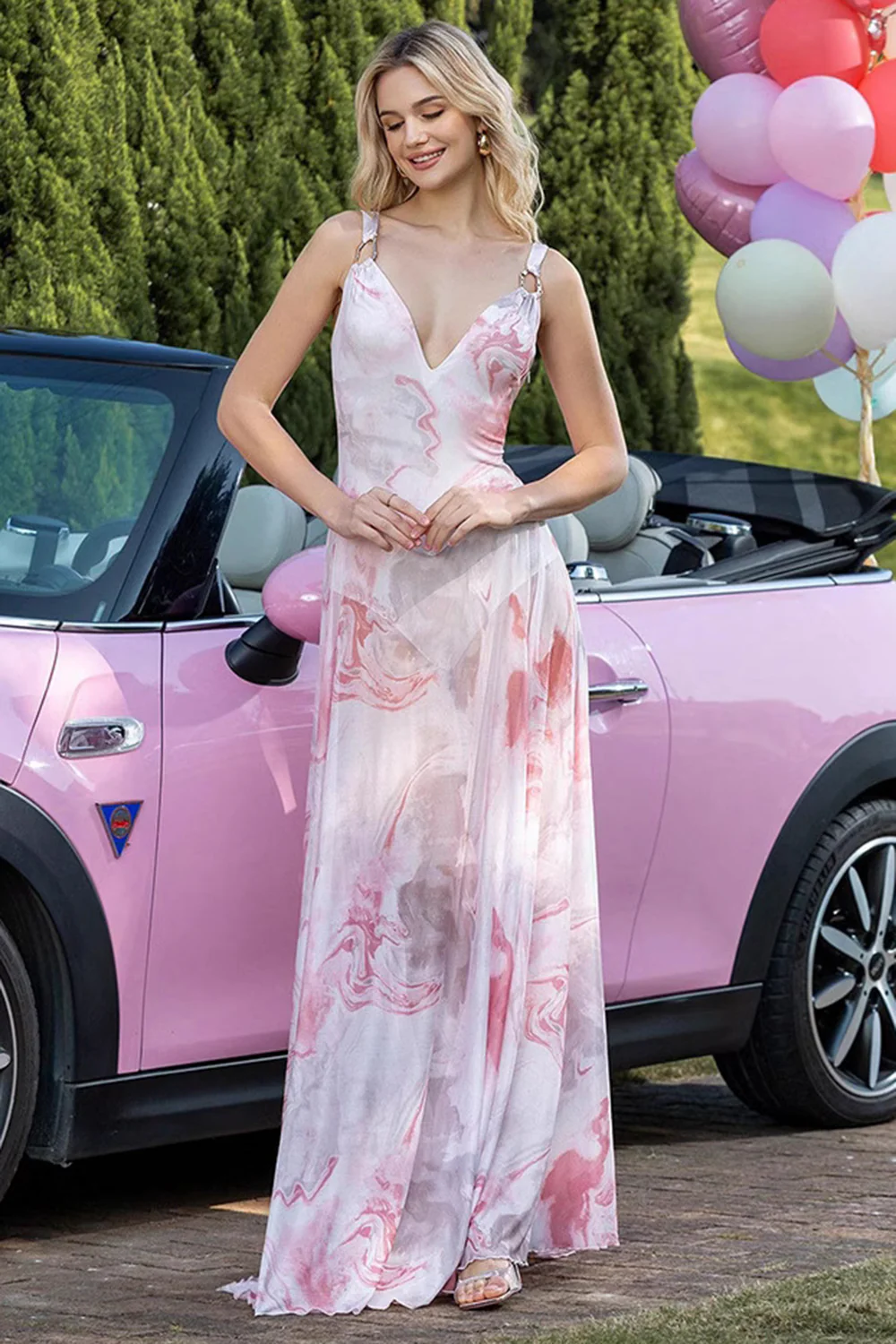 Blush Print Sheath V-Neck Chiffon Backless Long Prom Dress - JUORTHO