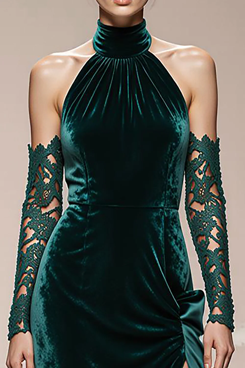 Dark Green Velvet Halter Long Holiday Party Dress with Slit - JUORTHO