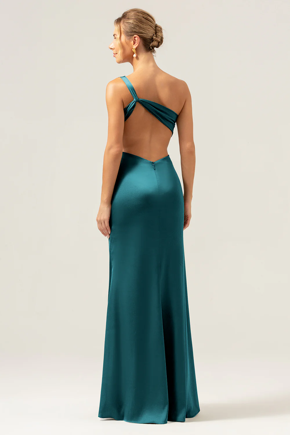 Olive One Shoulder Mermaid Satin Long Bridesmaid Dress with Slit - JUORTHO