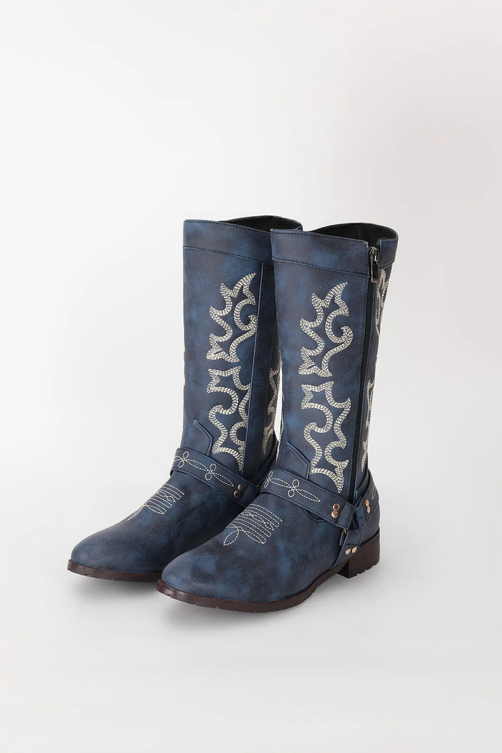 Embroidered Blue Cowgirl Boho Mid Calf Boots - JUORTHO