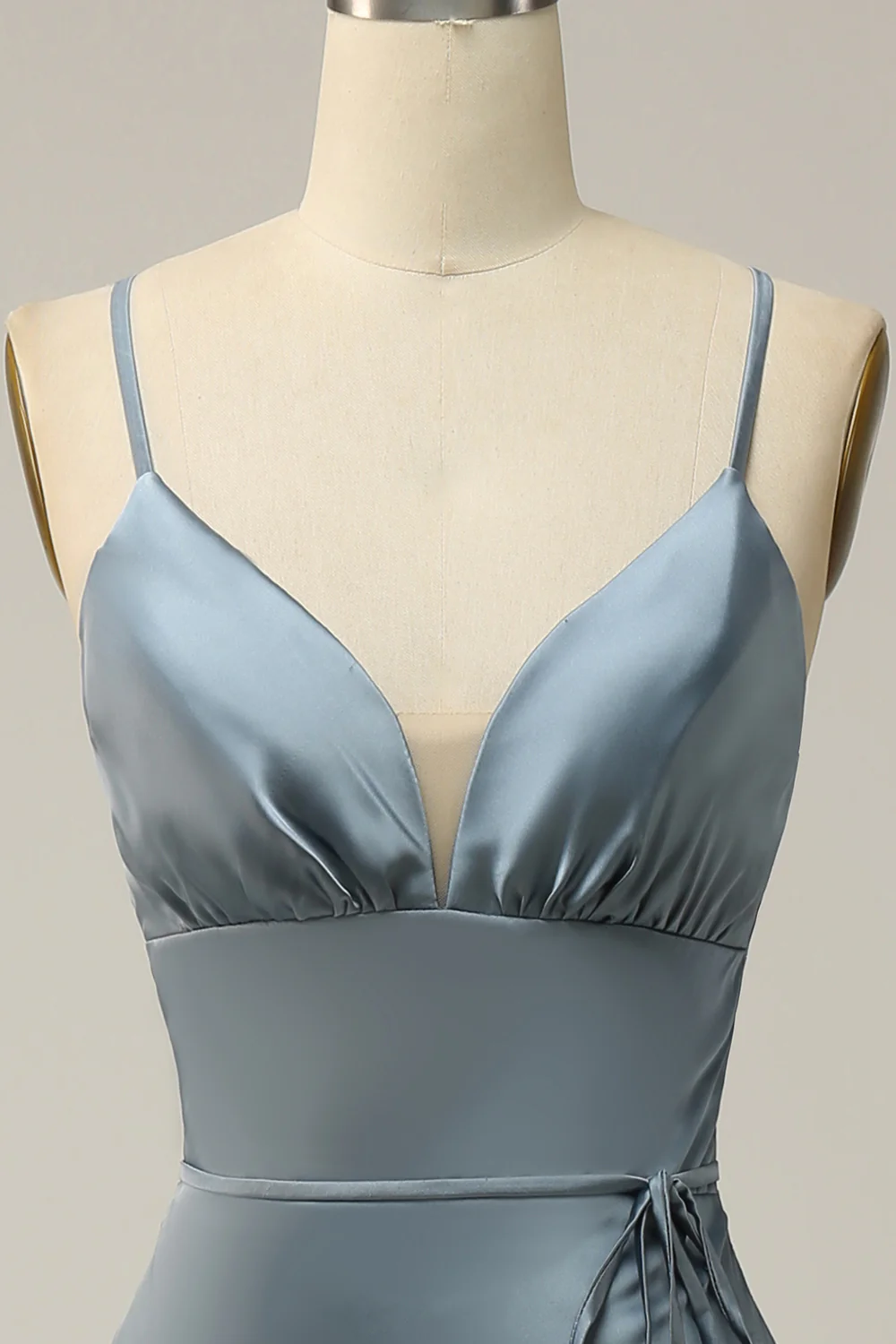 Sheath Spaghetti Straps Grey Blue Satin Bridesmaid Dress - JUORTHO