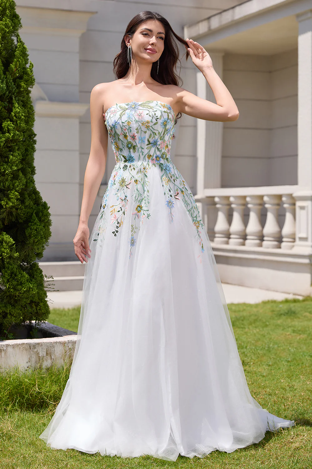 White A Line Strapless Tulle Slit Wedding Dress with 3D Flowers - JUORTHO