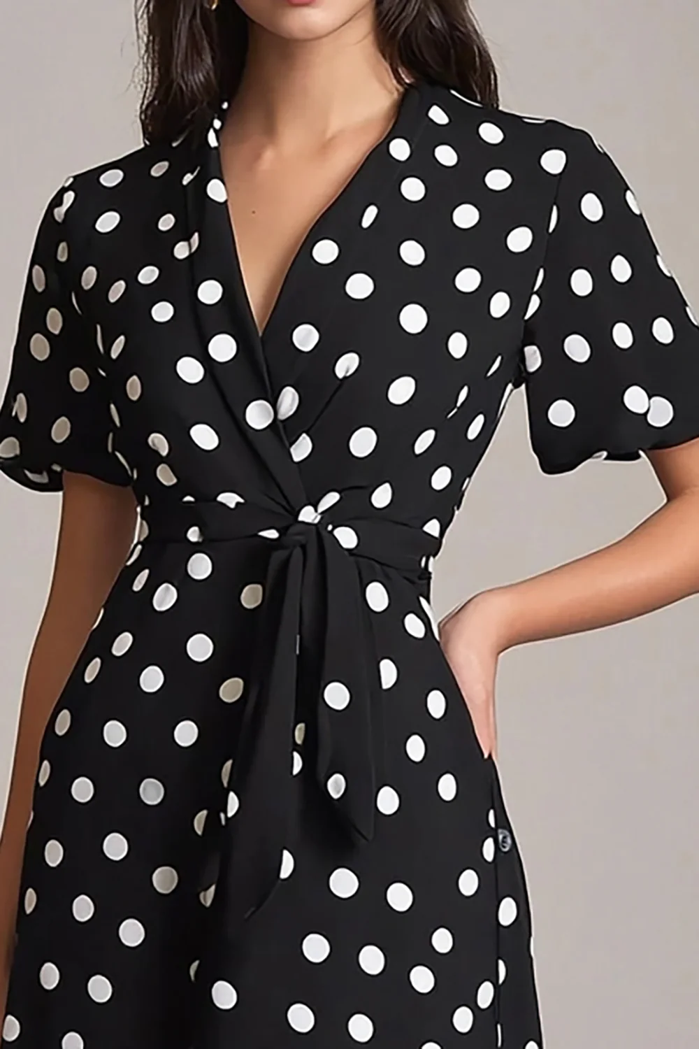 Satin Black and White Midi A Line Polka Dot Dress with Sleeves - JUORTHO