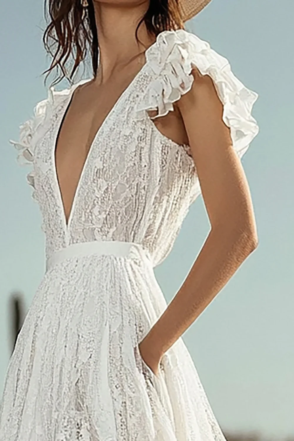 Ivory Lace Ruffled Boho High-Low Western Wedding Dress with Pockets - JUORTHO
