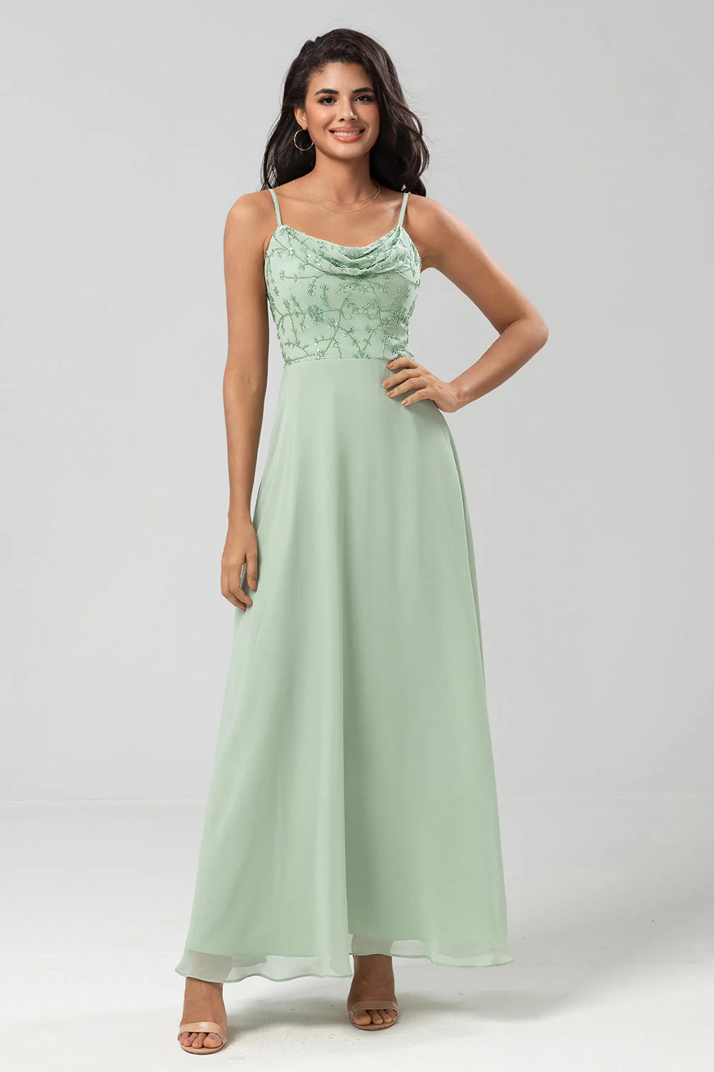Certifiably Chic A Line Spaghetti Straps Dusty Pink Long Bridesmaid Dress with Beaded - JUORTHO