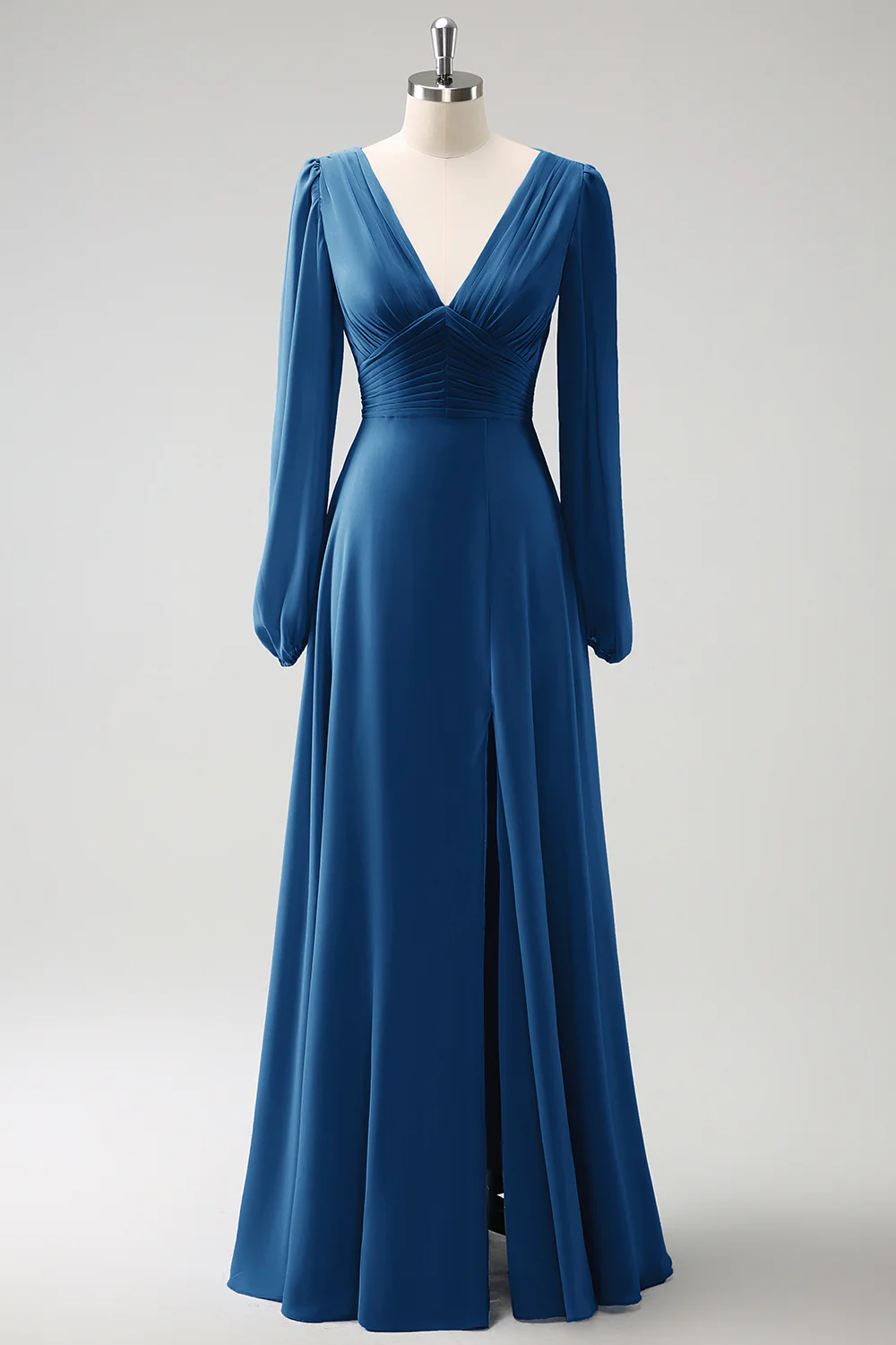 A Line Grey Blue V-Nack Chiffon Bridesmaid Dress with Long Sleeves - JUORTHO
