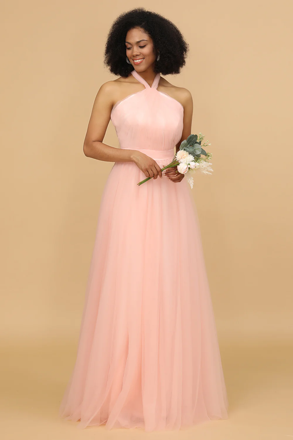 Blush Halter Tulle Long Bridesmaid Dress - JUORTHO