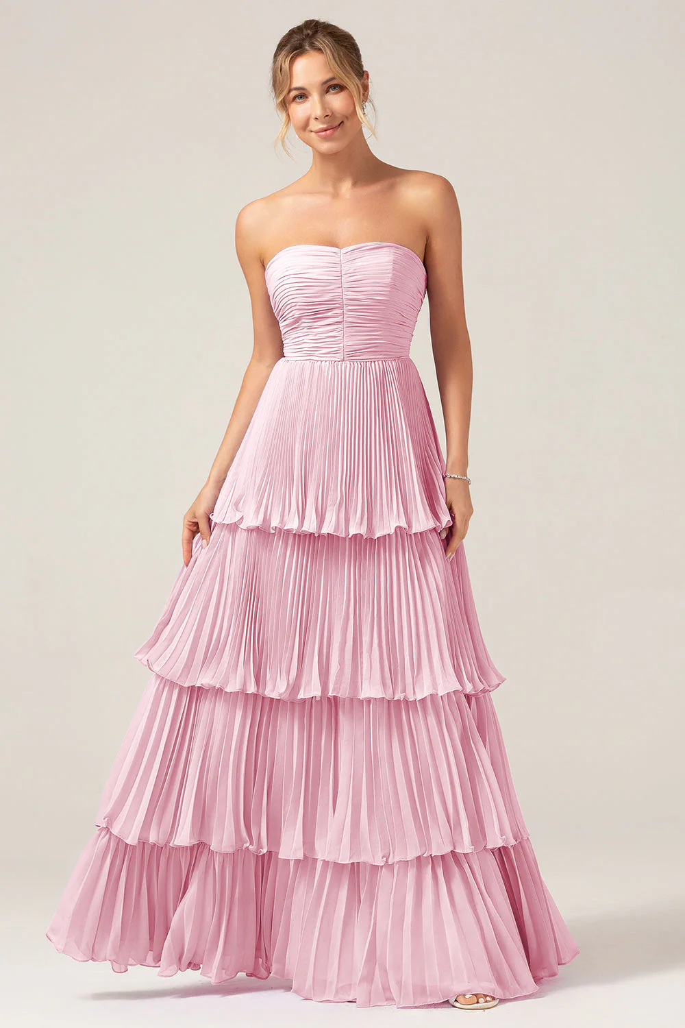 A-Line Sweetheart Tiered Chiffon Long Lilac Bridesmaid Dress with Pleated - JUORTHO