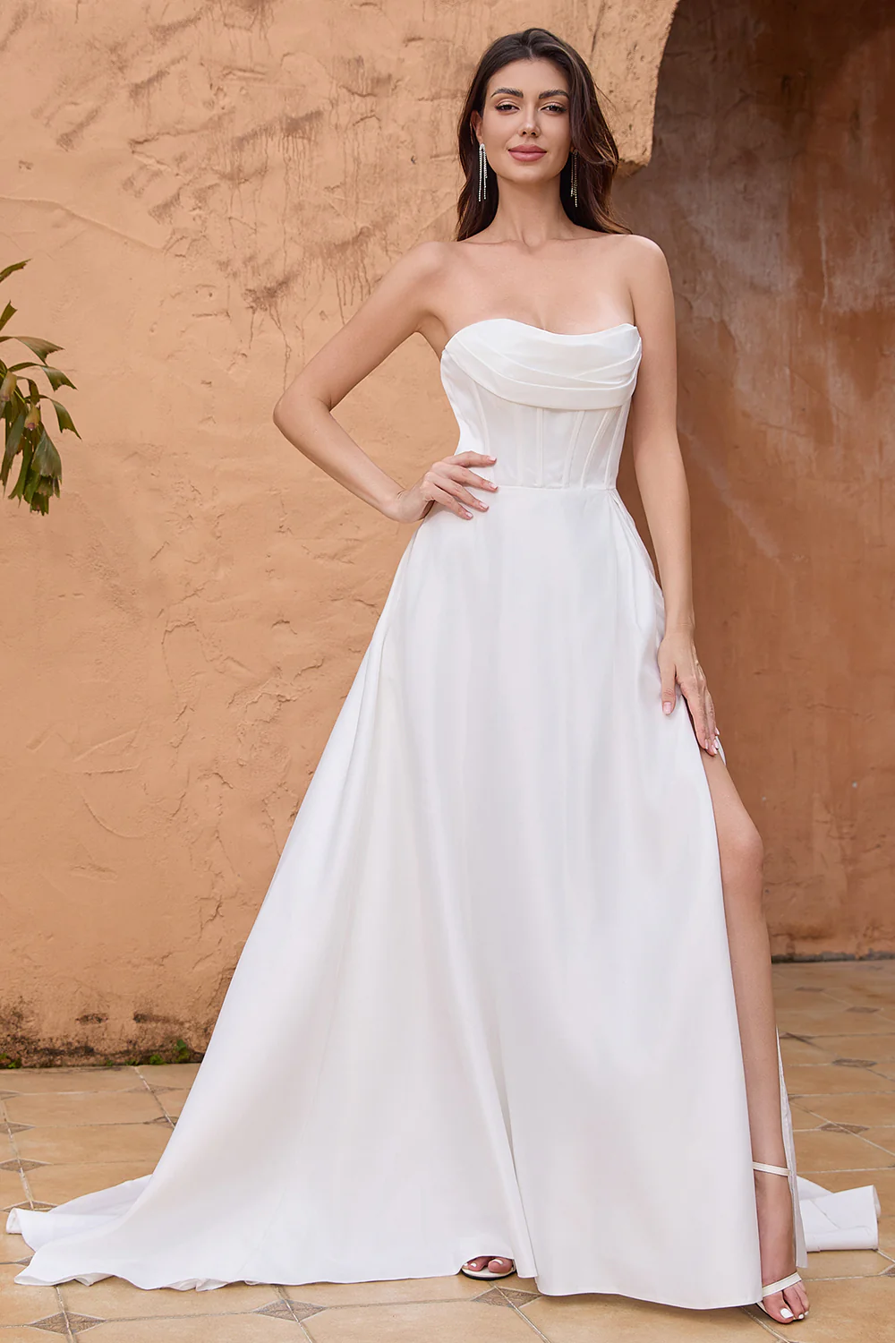 Elegant White A Line Strapless Pleated Corset Wedding Dress With Slit - JUORTHO