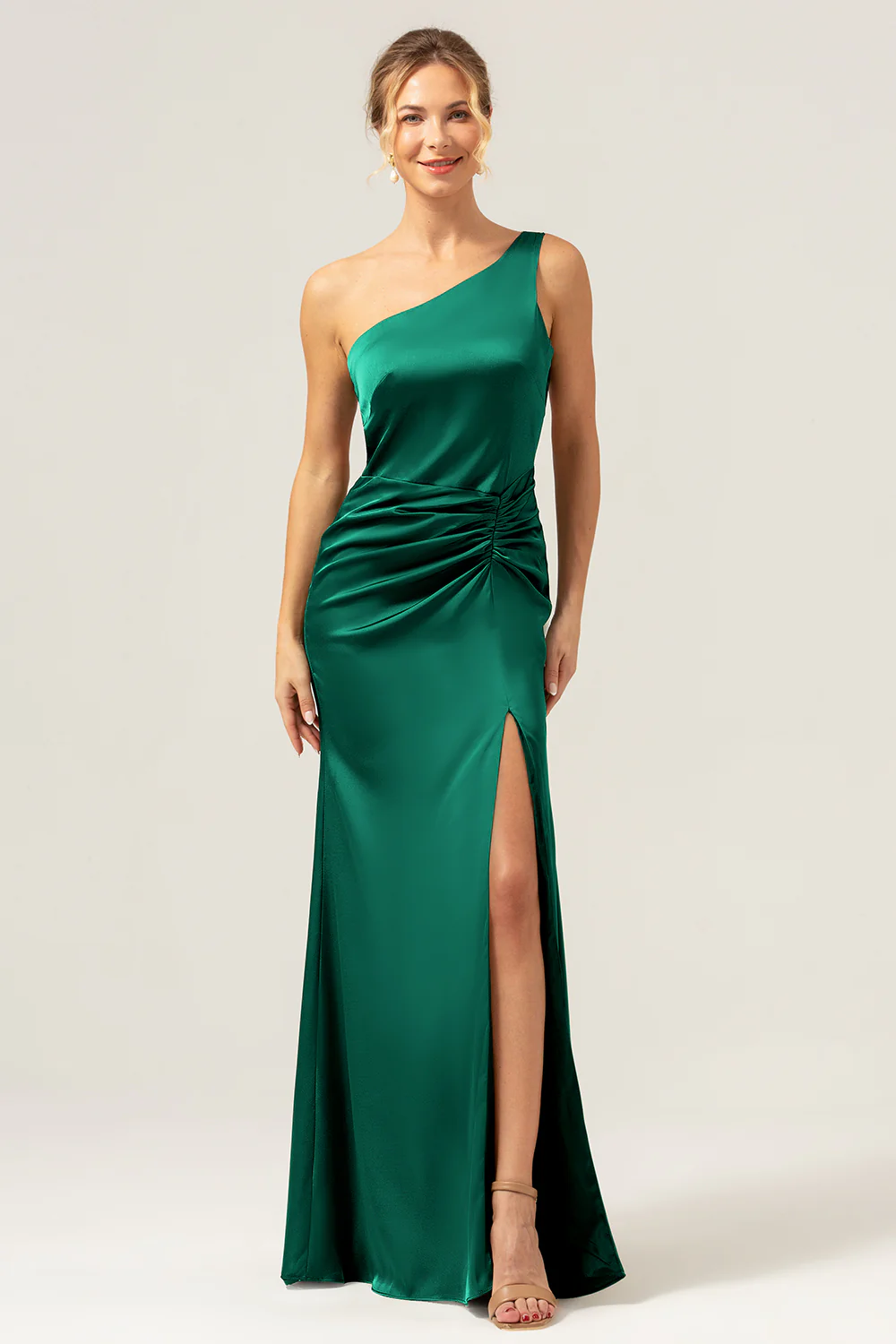 Olive One Shoulder Mermaid Satin Long Bridesmaid Dress with Slit - JUORTHO