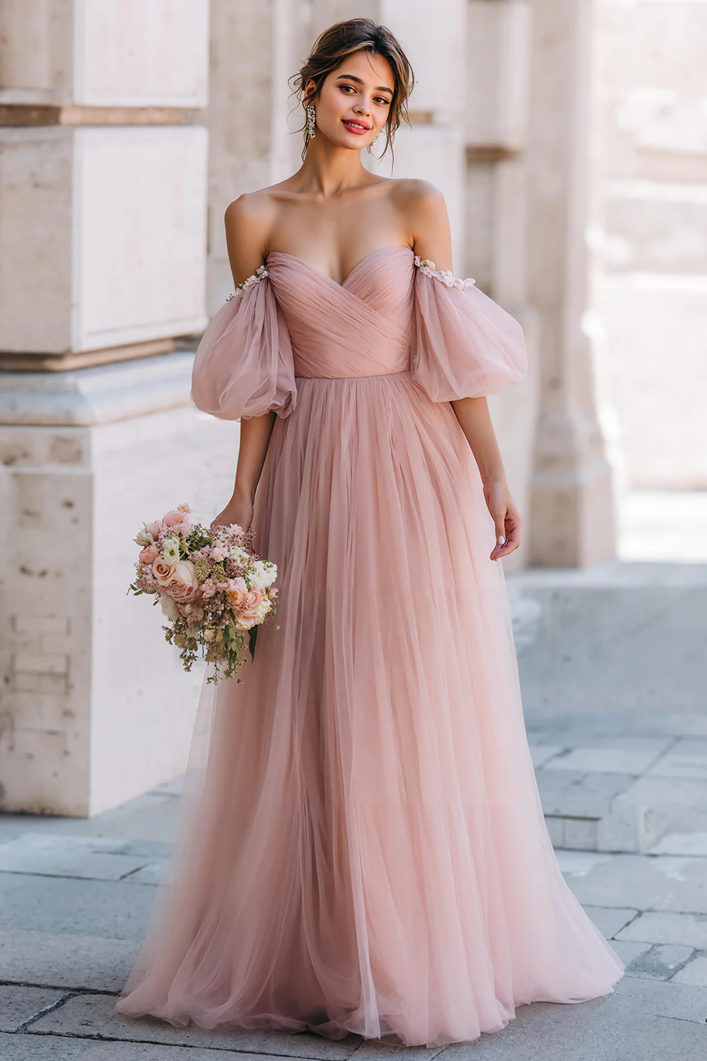 Dusty Rose Off the Shoulder Tulle A-Line Long Bridesmaid Dress with Sleeves - JUORTHO