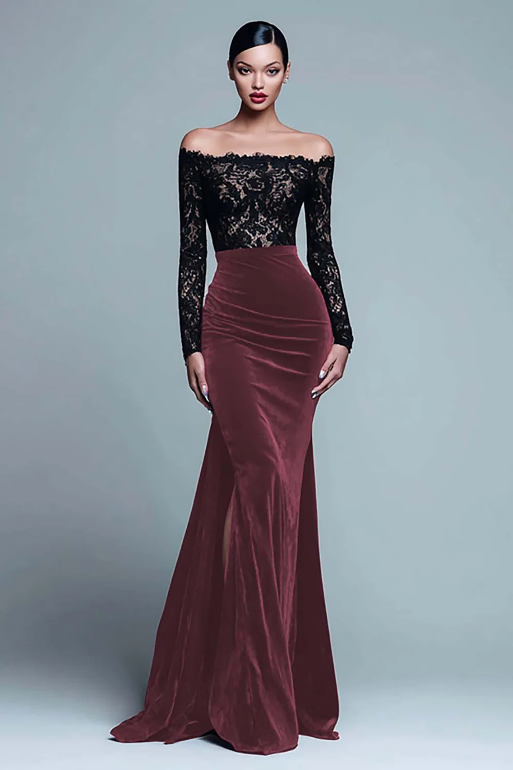 Black and Burgundy Mermaid Velvet Long Sleeves Holiday Party Dress with Lace - JUORTHO