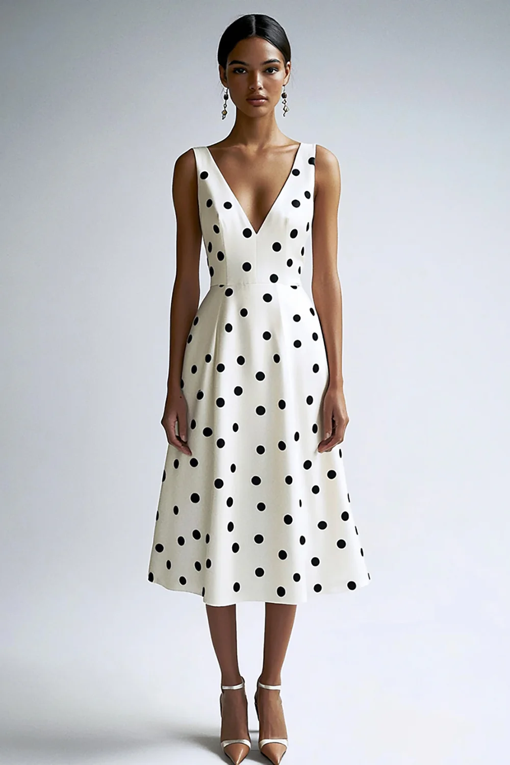 Satin Black and White V-Neck A Line Midi Polka Dot Dress - JUORTHO