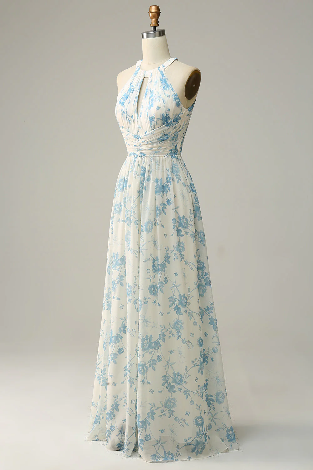Blue Floral Boho Long Chiffon Bridesmaid Dress - JUORTHO