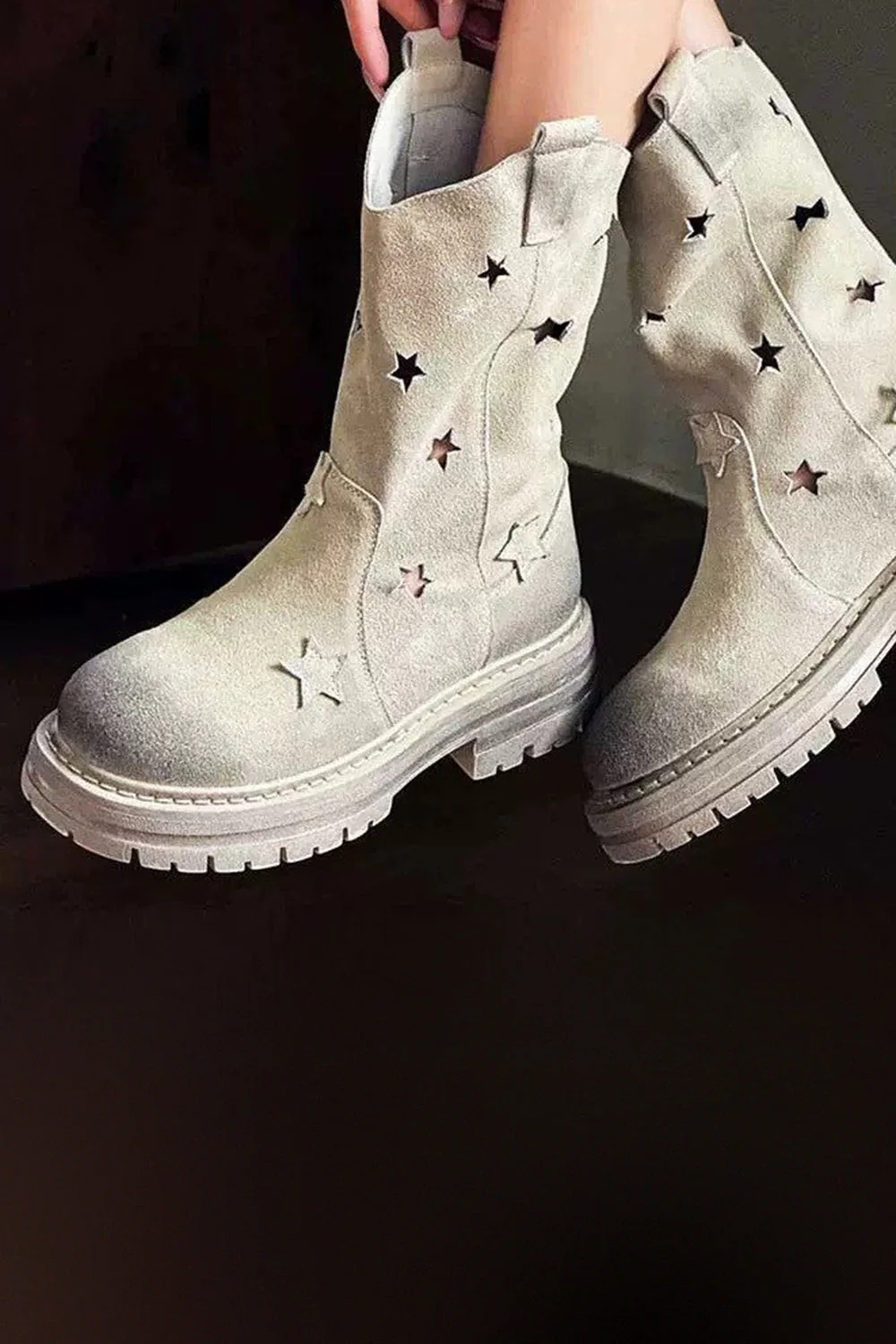 Fashion Grey Mid Calf Round Toe Slip On Boots - JUORTHO