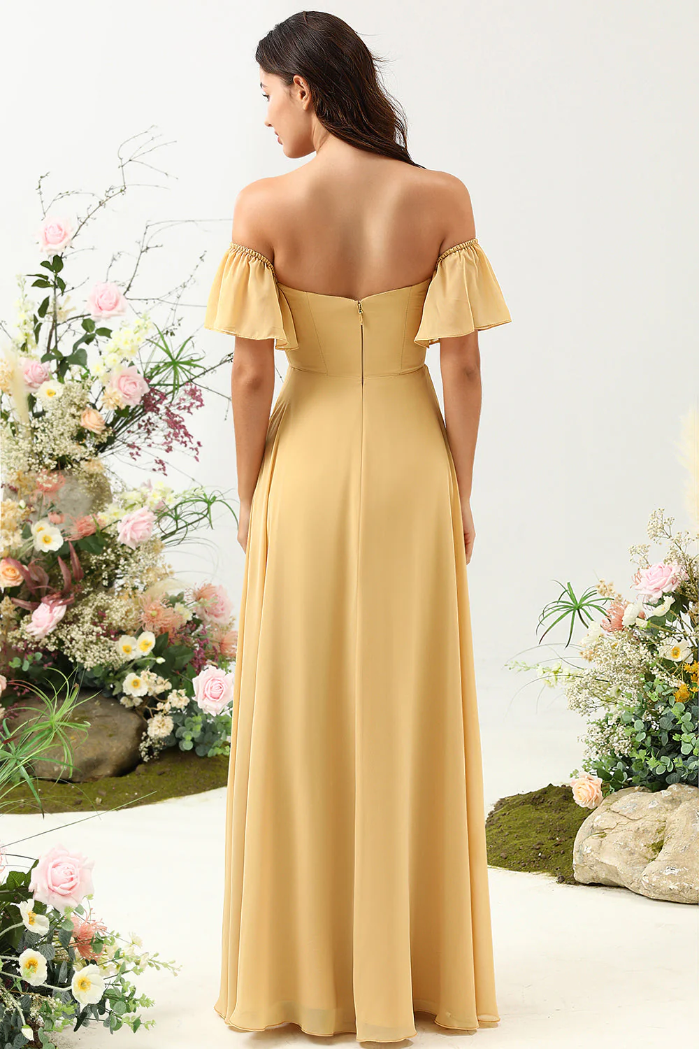 A Line Off the Shoulder Yellow Flower Printed Plus Size Bridesmaid Dress - JUORTHO