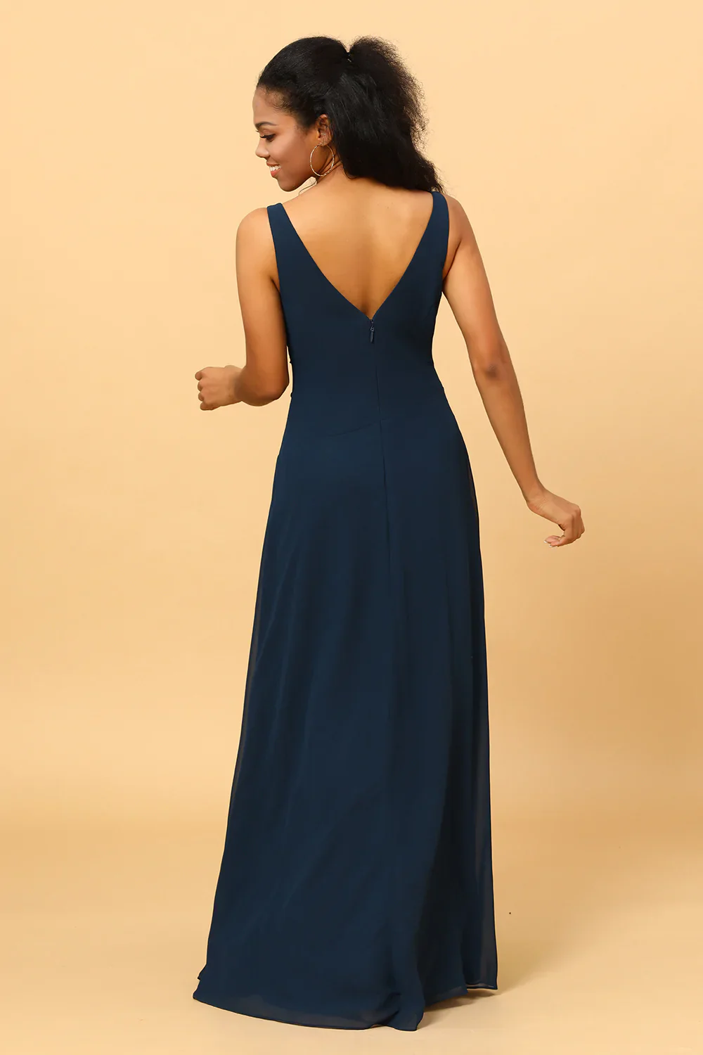 Navy V-Neck Chiffon Bridesmaid Dress with Ruffles - JUORTHO