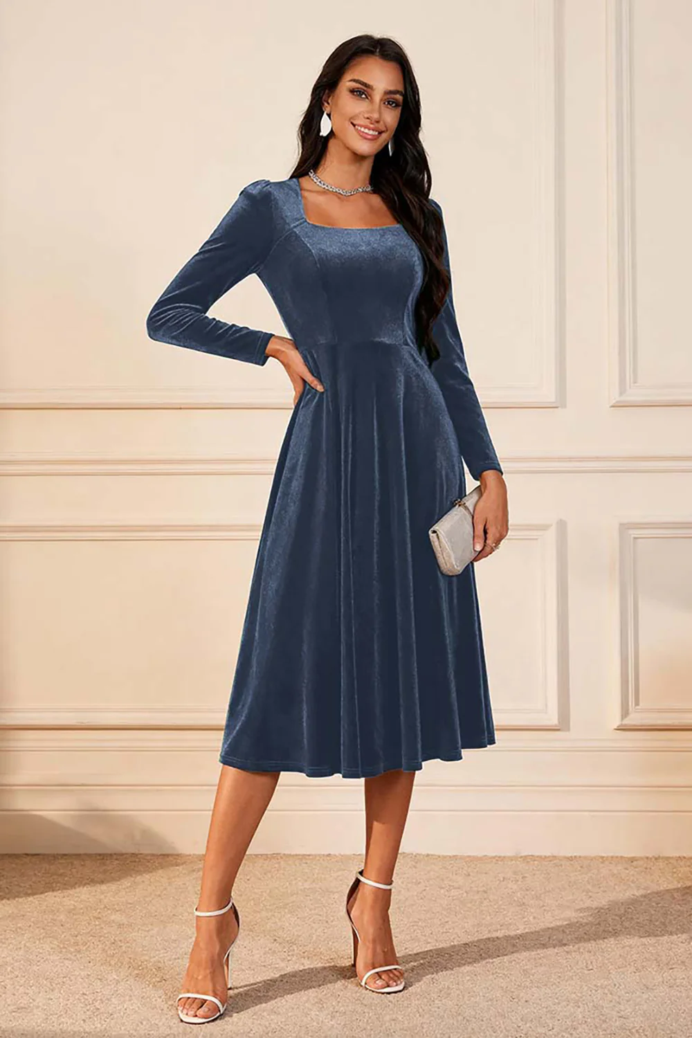 Dark Green A Line Velvet Midi Glitter Holiday Party Dress with Sleeves - JUORTHO