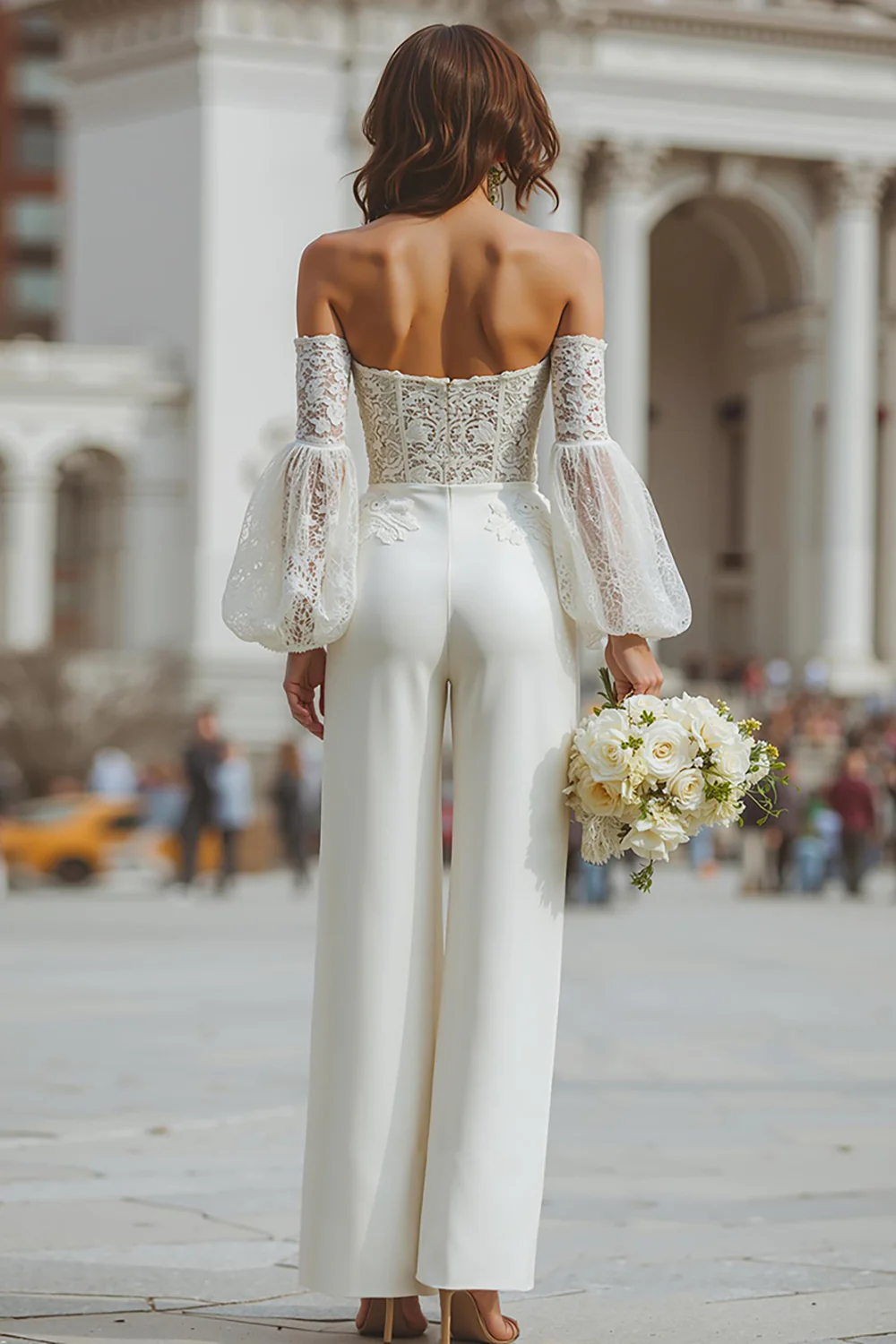 White Appliqued Long Sleeves Bridal Jumpsuits with Pockets - JUORTHO