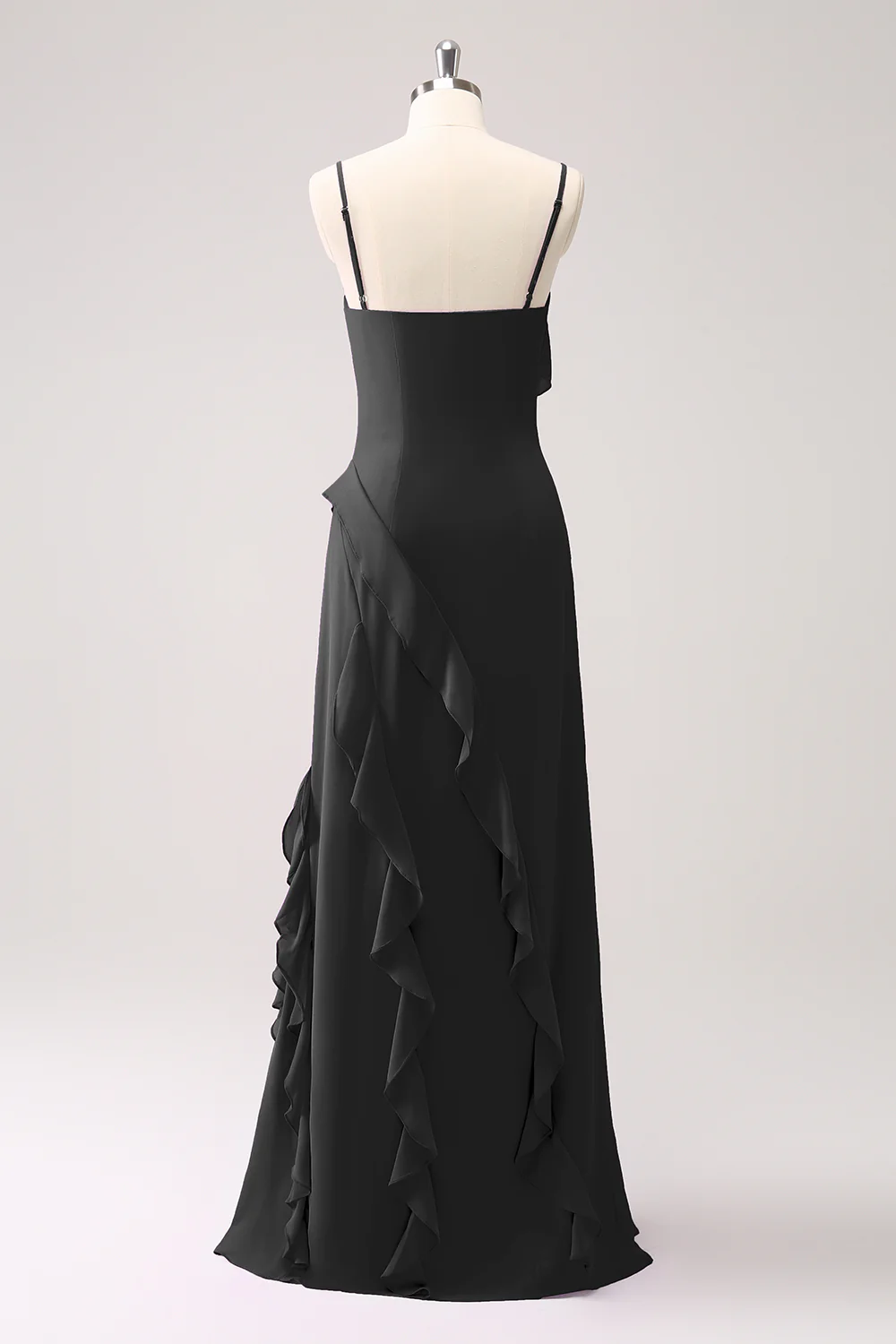 Tahiti Ruffle Spaghetti Straps Chiffon Long Bridesmaid Dress with Slit - JUORTHO