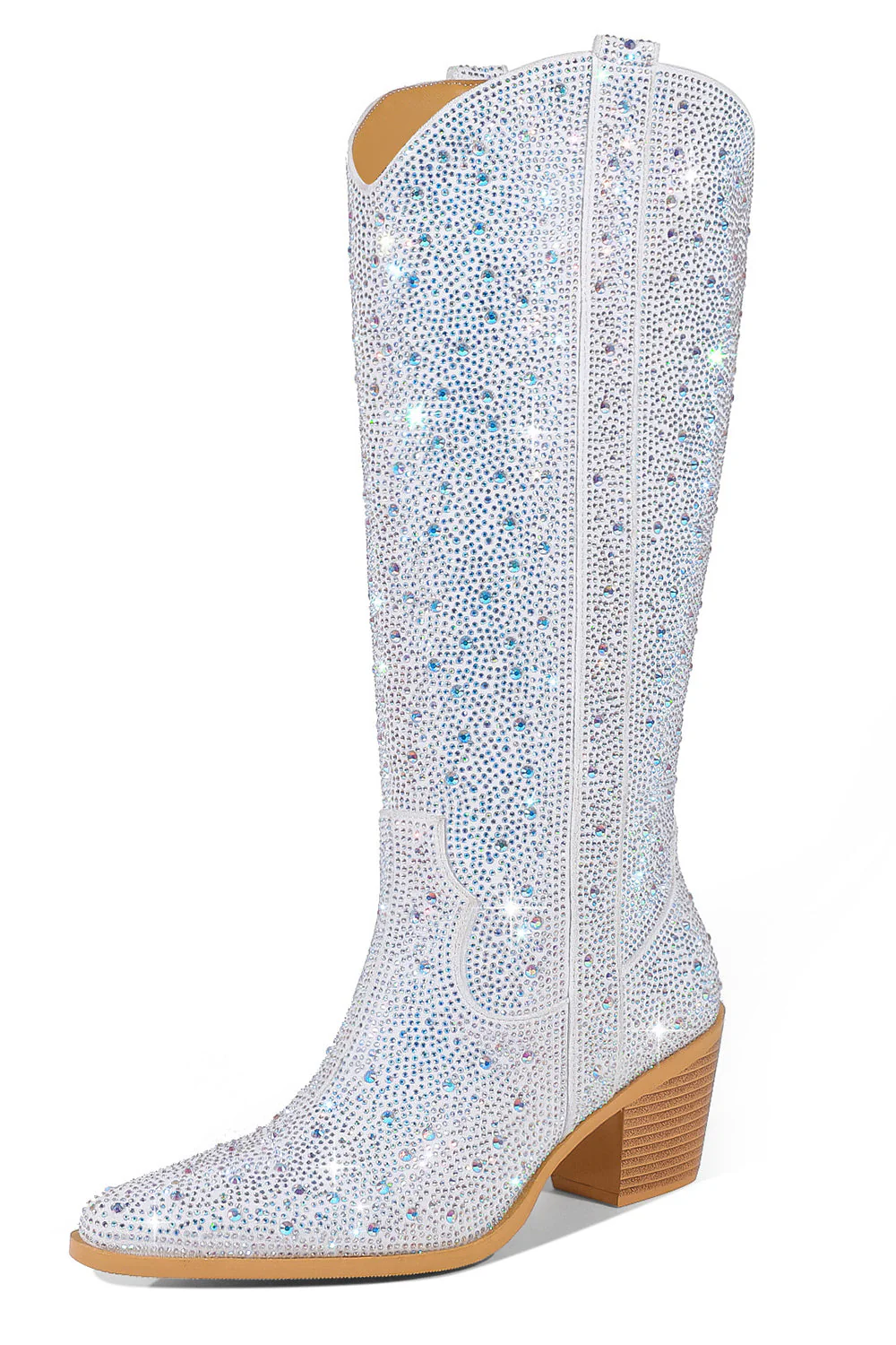 Silver Knee-High Shiny Pointed Toe Chunky Heel Boots - JUORTHO