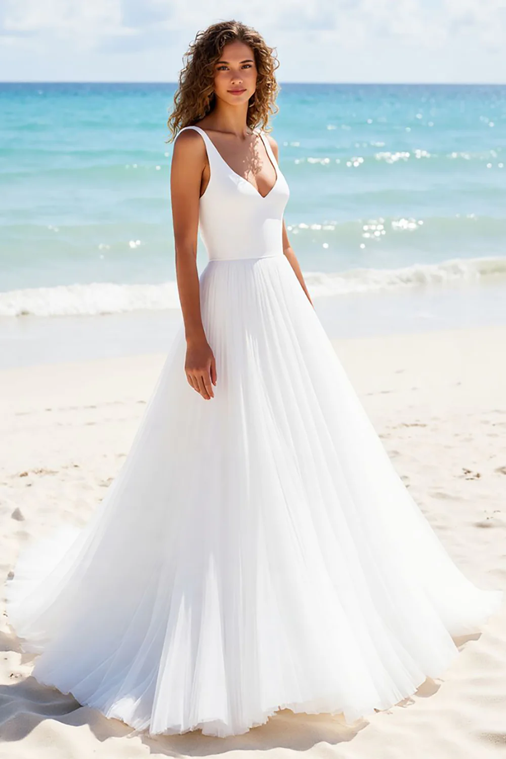 Ivory A Line Tulle V-Neck Backless Sweep Train Wedding Dress - JUORTHO