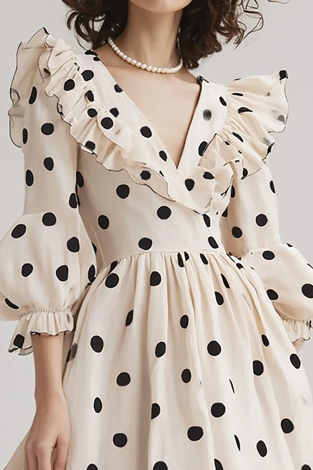 Chiffon V-Neck Black and White Midi Boho Polka Dot Dress with Ruffles - JUORTHO